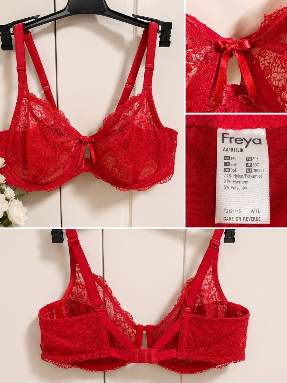 Freya Red Lace Underwire Balcony Bra with Bow Detail